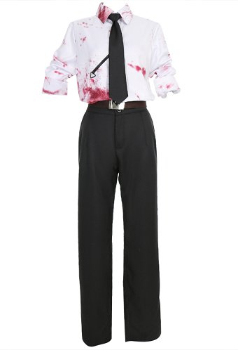 Chainsaw Denji Cosplay Kostüm Blutfleck Print Uniform Set Hemd und Hose mit Krawatte und Gürtel