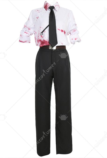 Chainsaw Denji Cosplay Kostüm Blutfleck Print Uniform Set Hemd und Hose mit Krawatte und Gürtel