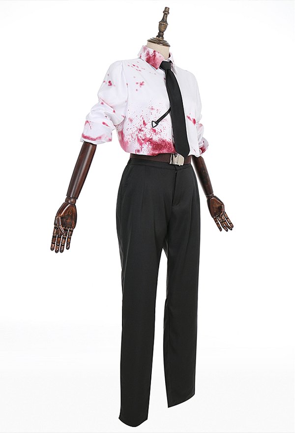 Chainsaw Denji Cosplay Costume Bloodstain Print Uniform Set Shirt and Pants with Tie and Belt