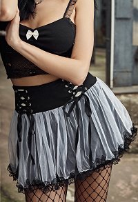 Woman Sexy Cute Tie-Front Strapped Net Yarn Spliced Color Contrast High Waist Lace Decorated Multiple Layer Skirt Costume Outfit for Spring