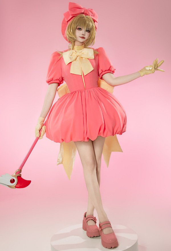 Card Master Sakura Sakura Csoplay Costume Kawaii Pink Dress with Bowknot and Gloves Card Master Sakura Sakura Csoplay Costume Kawaii Pink Dress with Bowknot and Gloves