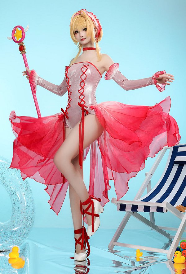 Sakura Cosplay Kostüm Goldfisch Bodysuit Badeanzug Ärmel mit Haarband