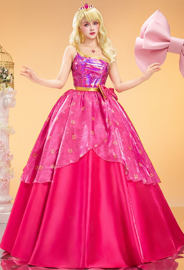 Barbie: Escuela de Princesas cosplay Vestido rosado con collar y corona Barbie: Escuela de Princesas cosplay Vestido rosado con collar y corona