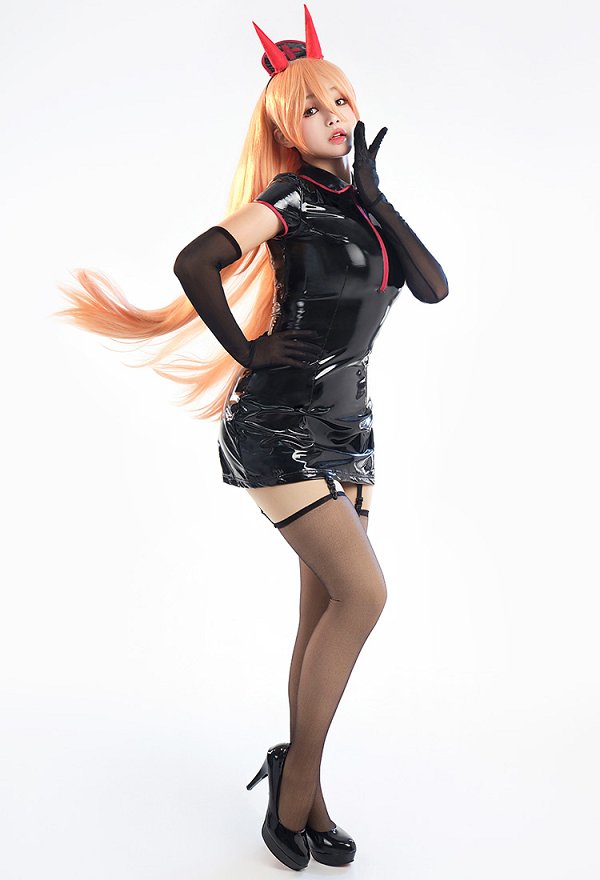 Chainsaw Power Cosplay Costume Sexy Black Nurse Outfit with Hat Gloves