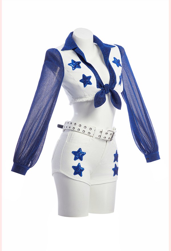 Cowboys Cheerleaders Outfit Azul Estrella Uniforme Top y Pantalones Cortos con Cinturón