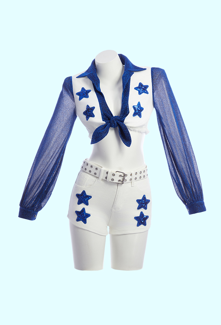Cowboys Cheerleaders Outfit Azul Estrella Uniforme Top y Pantalones Cortos con Cinturón