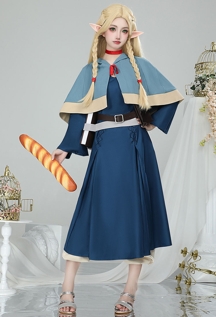 Delicious in Dungeon Marcille Disfraz de Cosplay Vestido y capa combinados con mochila y cinturón