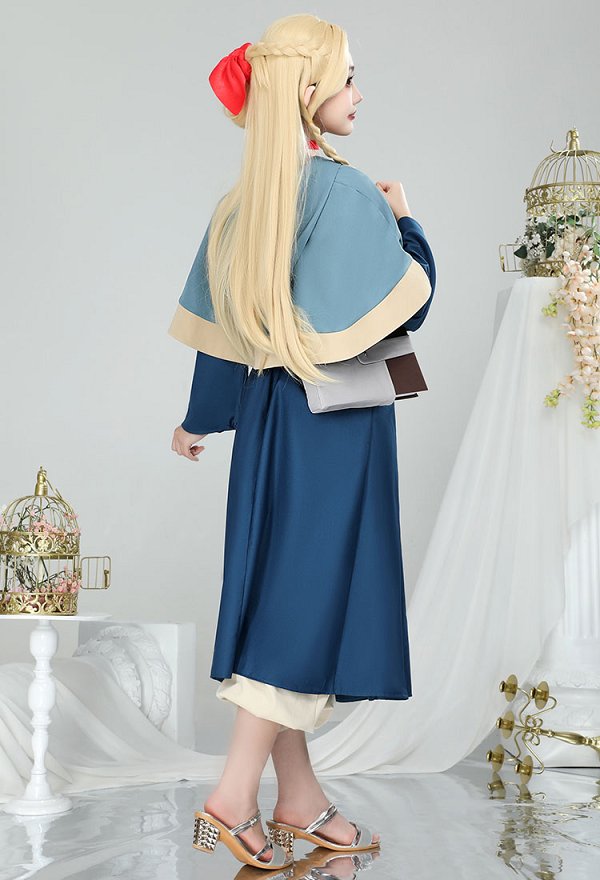 Delicious in Dungeon Marcille Disfraz de Cosplay Vestido y capa combinados con mochila y cinturón Delicious in Dungeon Marcille Disfraz de Cosplay Vestido y capa combinados con mochila y cinturón