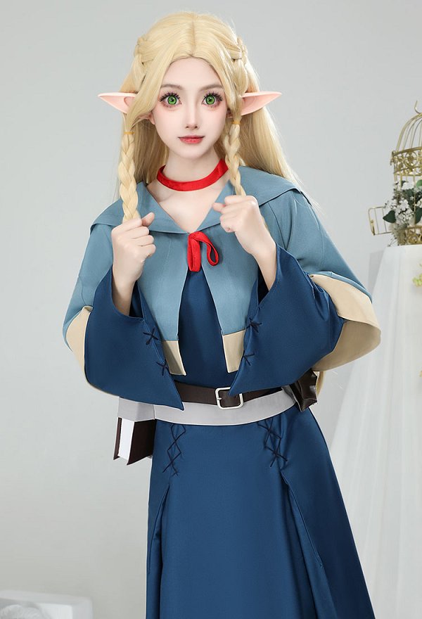 Delicious in Dungeon Marcille Disfraz de Cosplay Vestido y capa combinados con mochila y cinturón Delicious in Dungeon Marcille Disfraz de Cosplay Vestido y capa combinados con mochila y cinturón