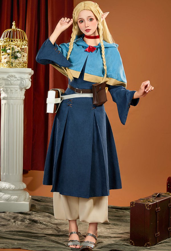 Delicioso en Dungeon Marcille Donato Cosplay Traje Azul Vestido Chal con Pantalones y Bolsas Premium Ver