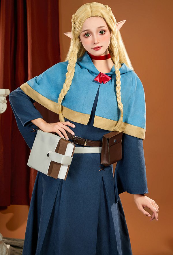 Delicioso en Dungeon Marcille Donato Cosplay Traje Azul Vestido Chal con Pantalones y Bolsas Premium Ver Delicioso en Dungeon Marcille Donato Cosplay Traje Azul Vestido Chal con Pantalones y Bolsas Premium Ver