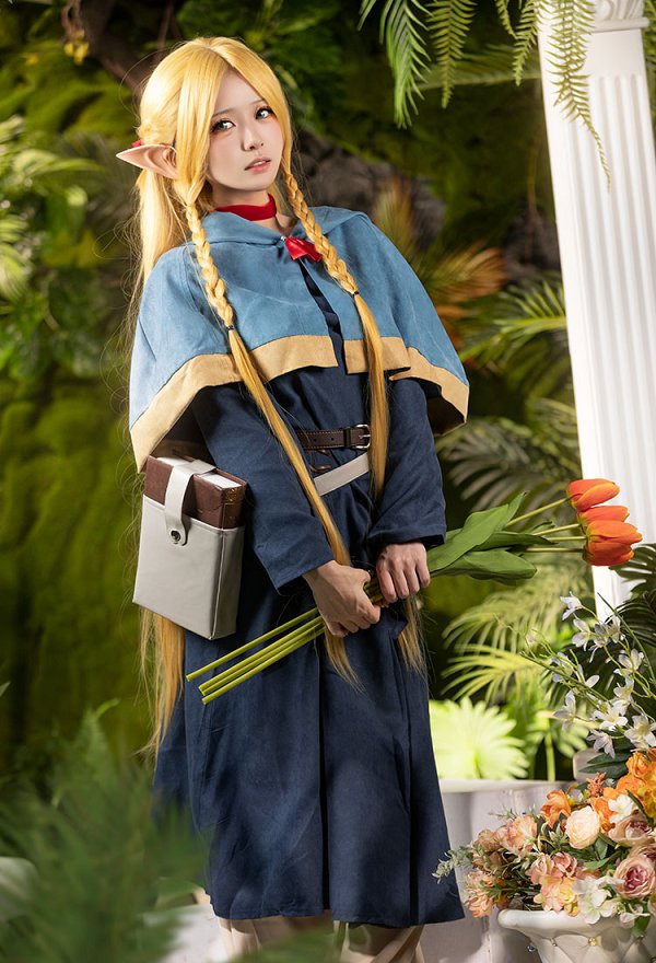 Delicioso en Dungeon Marcille Donato Cosplay Traje Azul Vestido Chal con Pantalones y Bolsas Premium Ver