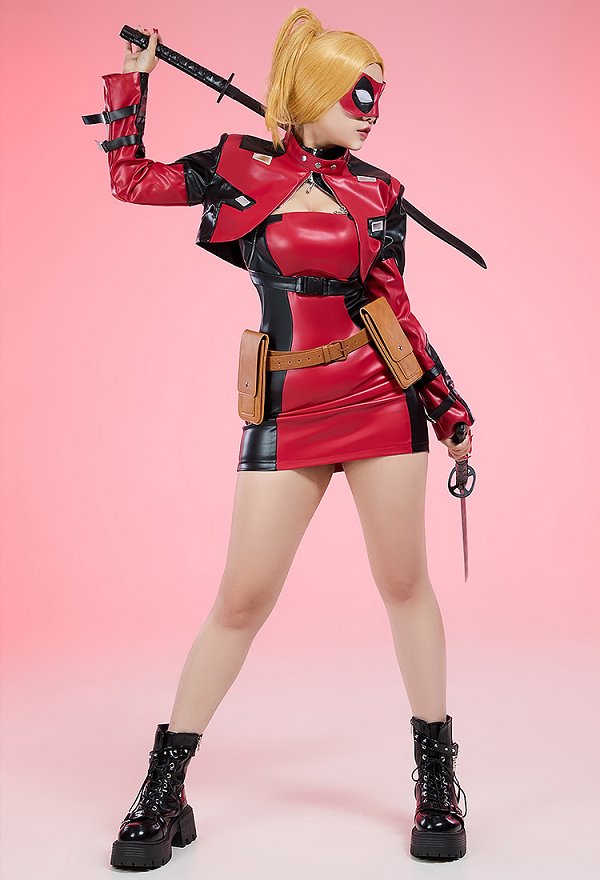 Disfraz de Cosplay Conjunto de traje de carreras sexy derivado de superhéroe vestido y chaqueta con parche en el ojo