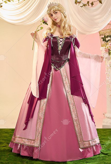 Sleeping Beauty Princess Aurora Vestido de alta calidad con cinturón de volantes y pieza en el cuello