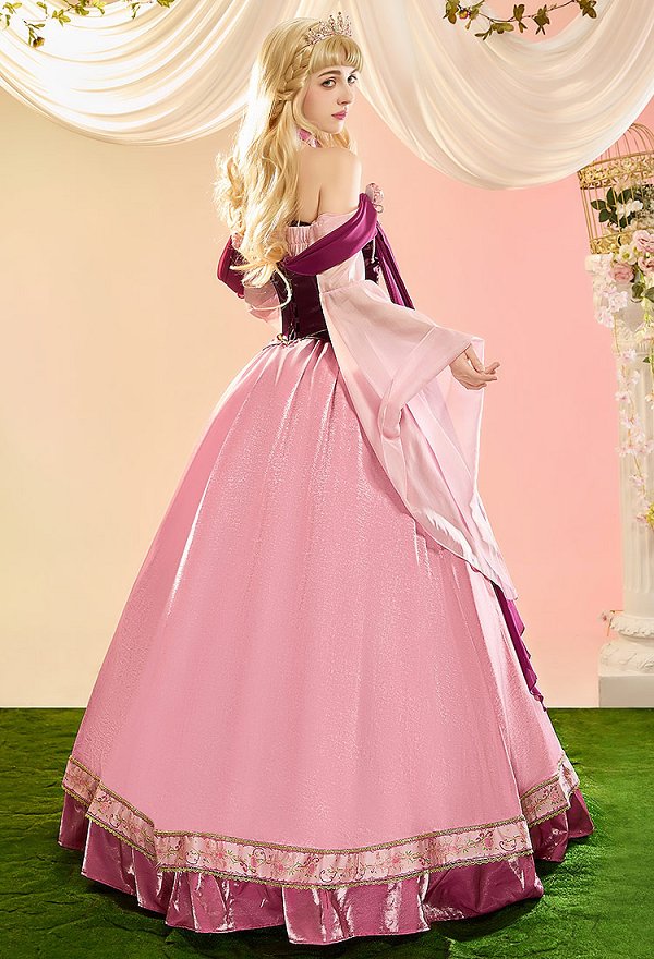 Sleeping Beauty Princess Aurora Vestido de alta calidad con cinturón de volantes y pieza en el cuello
