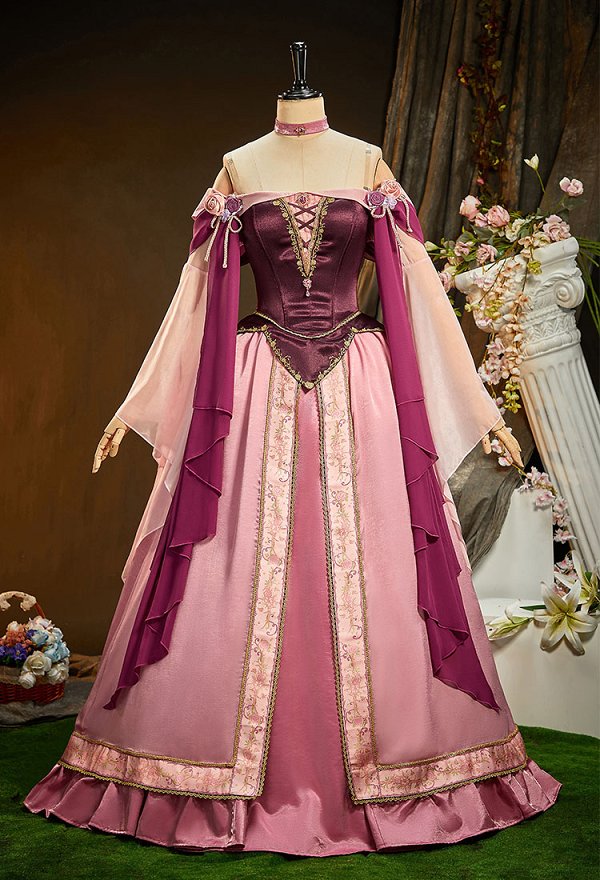Sleeping Beauty Princess Aurora Vestido de alta calidad con cinturón de volantes y pieza en el cuello