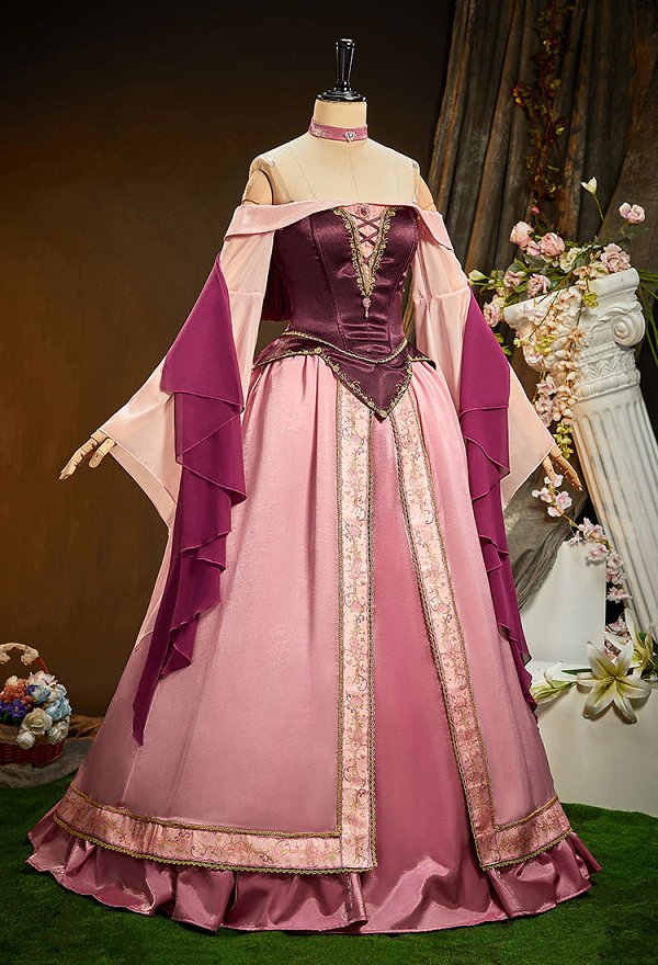 Sleeping Beauty Princess Aurora Vestido de alta calidad con cinturón de volantes y pieza en el cuello