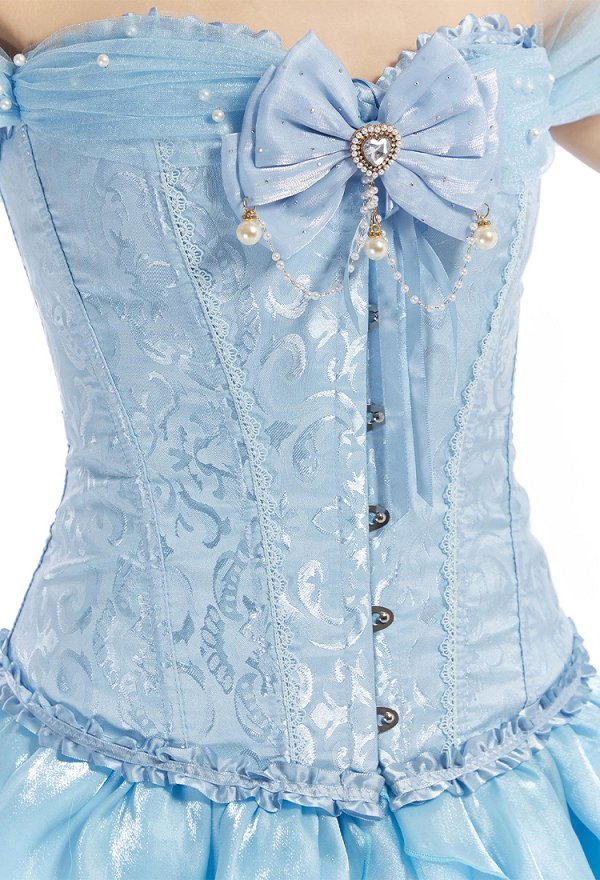 Cinderella Belle Princess Derivative Corset Dress Set Lace-up Corset Top and Layered Skirt with Gloves and Bow