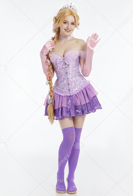 Long Hair Princess Derivative Corset Dress Set Lace-up Corset Top and Layered Skirt with Gloves and Bow