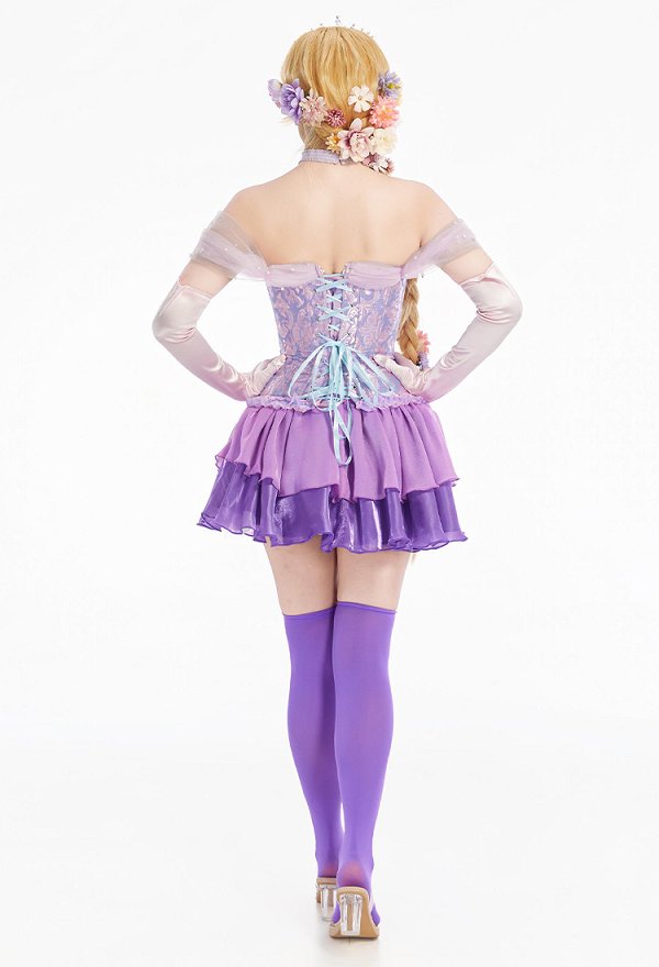 Long Hair Princess Derivative Corset Dress Set Lace-up Corset Top and Layered Skirt with Gloves and Bow