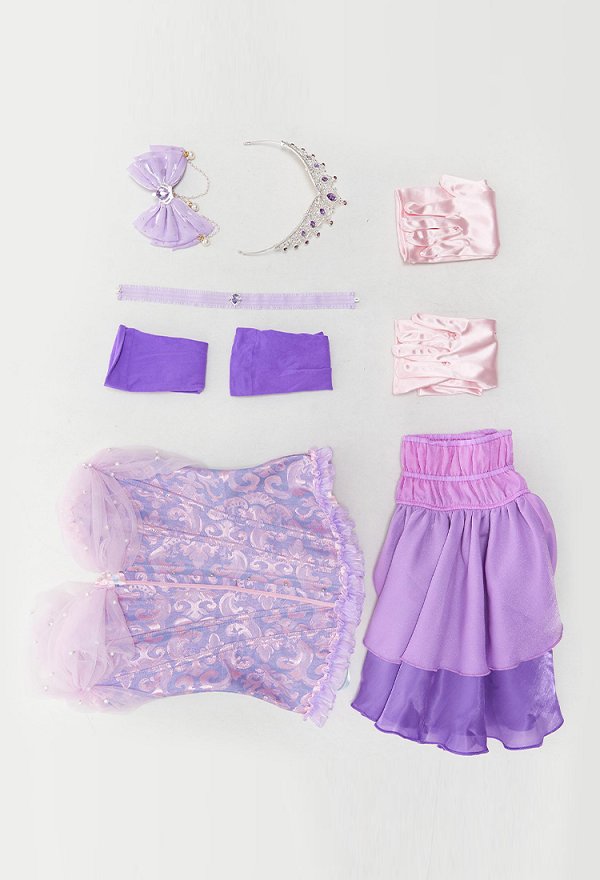 Long Hair Princess Derivative Corset Dress Set Lace-up Corset Top and Layered Skirt with Gloves and Bow