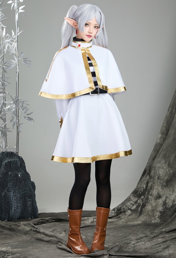 Friren Disfraz de cosplay vestido y capa con cinturón y orejas de elfo Friren Disfraz de cosplay vestido y capa con cinturón y orejas de elfo
