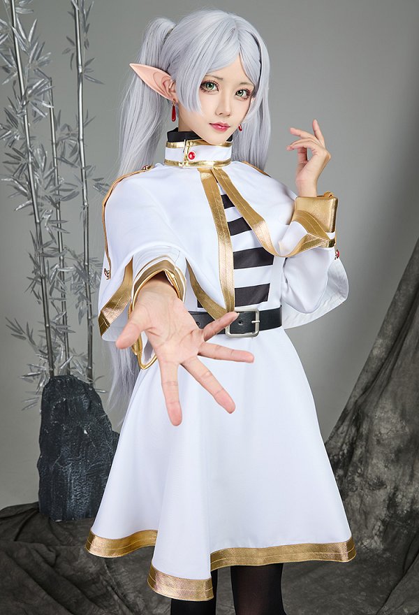 Friren Disfraz de cosplay vestido y capa con cinturón y orejas de elfo Friren Disfraz de cosplay vestido y capa con cinturón y orejas de elfo