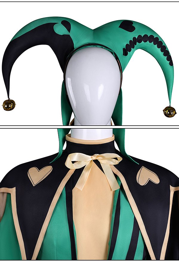 The Freak Circus Harlequin Cosplay Costume Green Clown Outfit Lining and Jacket Trousers and Cape