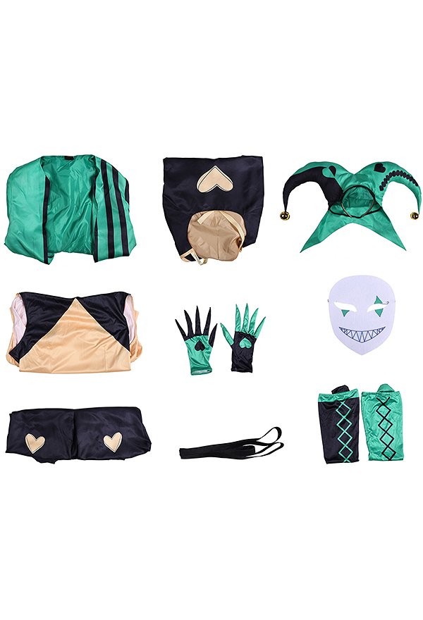 The Freak Circus Harlequin Cosplay Costume Green Clown Outfit Lining and Jacket Trousers and Cape