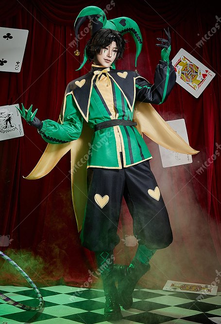 The Freak Circus Harlequin Cosplay Kostüm Grünes Clown Outfit Futter und Jacke Hose Umhang