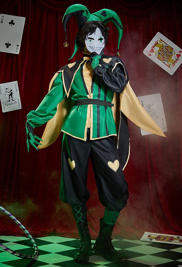 The Freak Circus Harlequin Cosplay Costume Green Clown Outfit Lining and Jacket Trousers and Cape