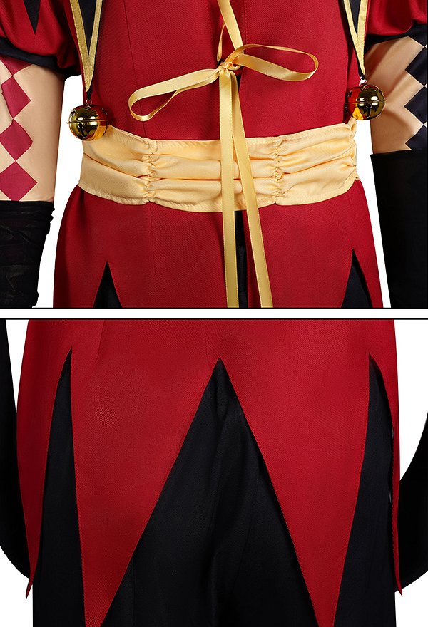 Costume de cosplay Pierrot Freak Circus costume de clown rouge comprenant une doublure une veste un pantalon et un masque