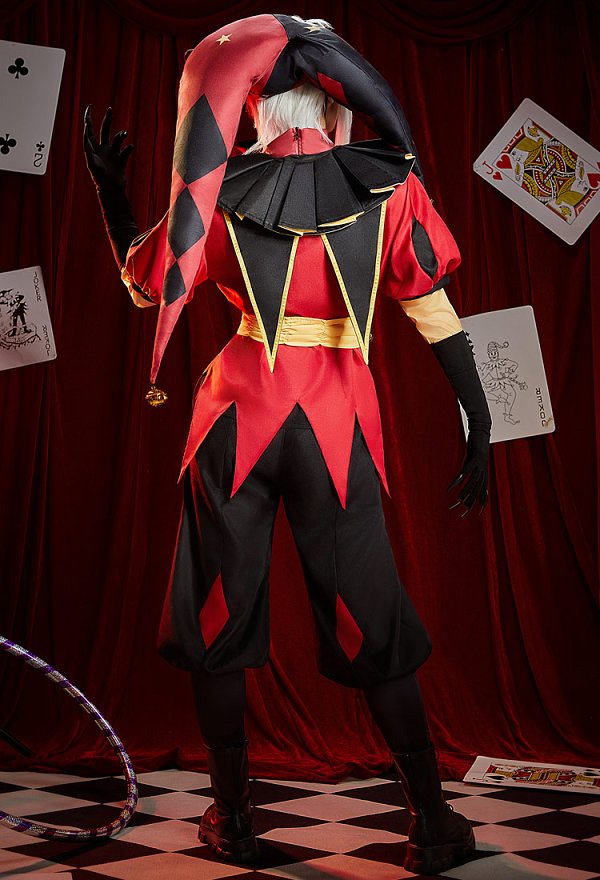 Costume de cosplay Pierrot Freak Circus costume de clown rouge comprenant une doublure une veste un pantalon et un masque