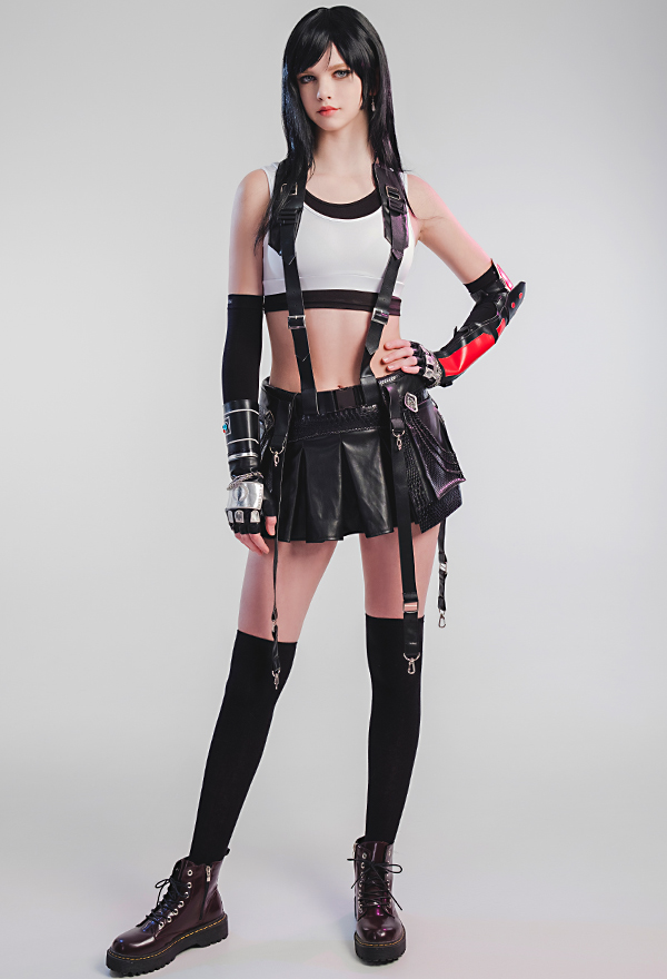 FF7 Remake Tife Cosplay Disfraz Mujer Ropa Deportiva Crop Top y Falda con Guantes y Calcetines para el Muslo