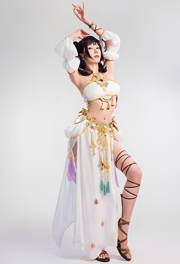 Femmes FF14 Étrangers Danseur Tenue de Jeux Cosplay Costume Top à Licou et Jupe Ensemble Femmes FF14 Étrangers Danseur Tenue de Jeux Cosplay Costume Top à Licou et Jupe Ensemble