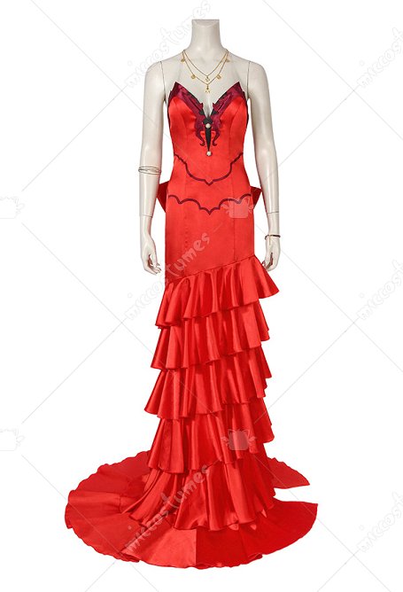 FF Aeris Cosplay Costume Robe Rouge avec Collier Bracelet