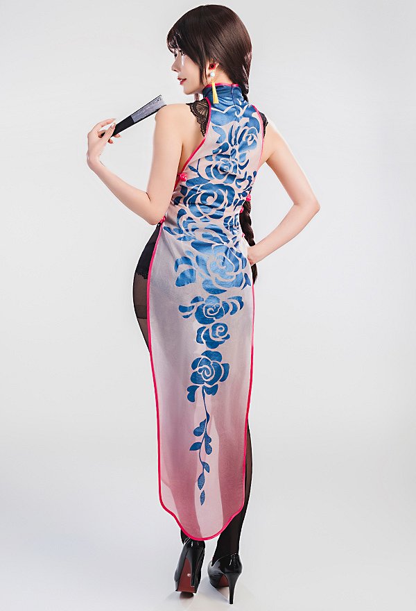 FGO Yu Meiren Cosplay Costume Women's Blue Rose Cheongsam Dress with Pantyhose and Earrings