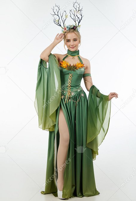 Disfraz de Duende del Renacimiento Medieval Vestido de Hada Verde Degradado Vestido de Encaje Vintage Halter Sin Espalda con Mangas Cadena en la Cintura