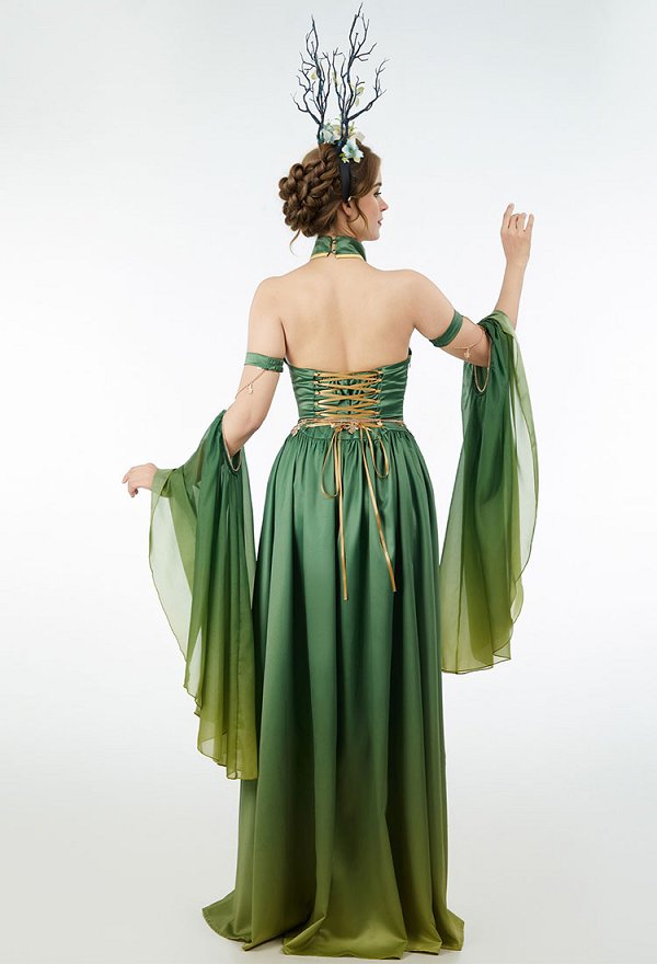 Medieval Renaissance Elf Costume Green Gradient Fairy Dress Vintage Halter Backless Lace-up Dress with Sleeves Waist Chain