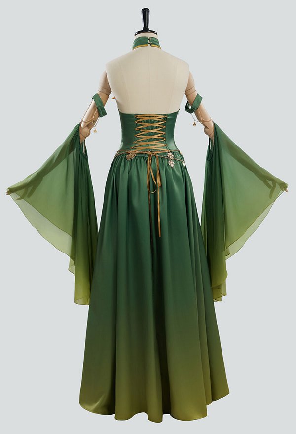 Medieval Renaissance Elf Costume Green Gradient Fairy Dress Vintage Halter Backless Lace-up Dress with Sleeves Waist Chain