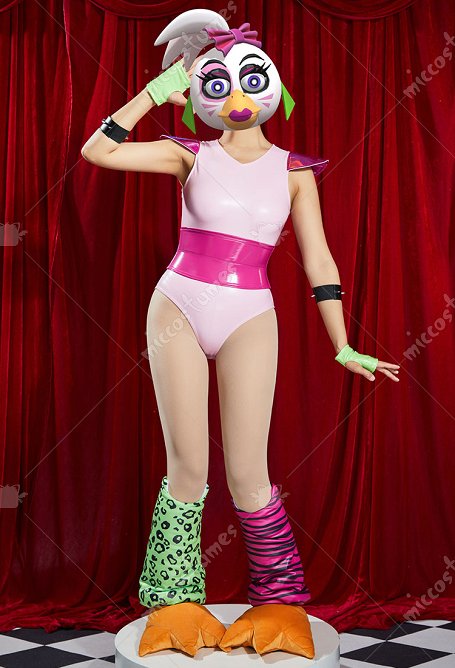  Glamrock chica Cosplay Kostüm Rosa Bodysuit und Handschuhe Beinwärmern Ohrringen