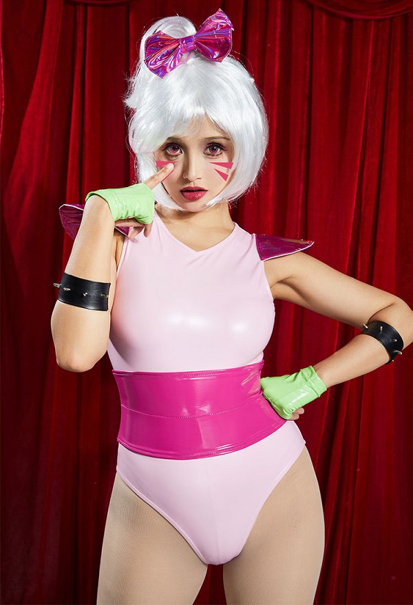 Five Nights at Freddy's Glamrock Chica Cosplay Costume Pink Jumpsuit and Gloves with Leg Covers and Earrings