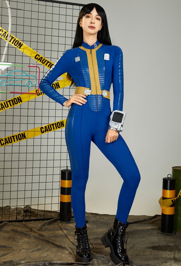 Disfraz de Lucy de Fallout para cosplay mono azul de la bóveda 33 y cinturón con broche