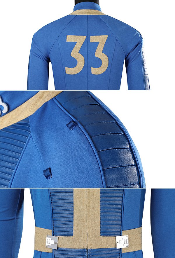 Fallout Cosplay Costume Vault 33 Suit Men's Blue One-Piece Zipper Tight Jumpsuit and Decoration