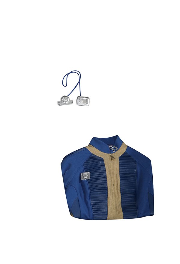 Fallout Cosplay Costume Vault 33 Suit Men's Blue One-Piece Zipper Tight Jumpsuit and Decoration