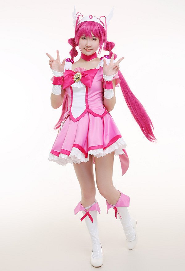 Smile Pretty Cure! Glitter Force Cure Happy Glitter Lucky Hoshizora Miyuki Pink Magenta Bow Top and Skirt Battlesuit Cosplay Costume Outfits with Waist Bag and Accessories