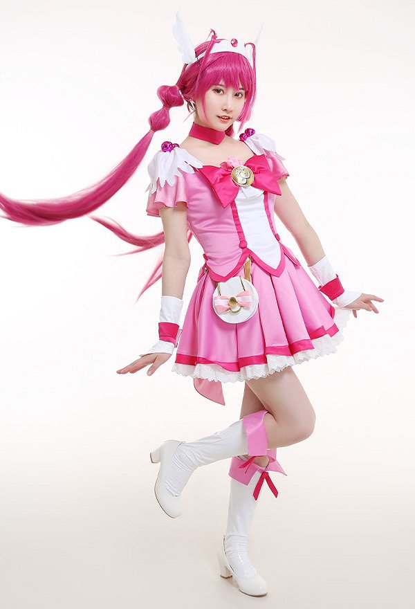 Smile Pretty Cure! Glitter Force Cure Happy Glitter Lucky Hoshizora Miyuki Pink Magenta Bow Top and Skirt Battlesuit Cosplay Costume Outfits with Waist Bag and Accessories