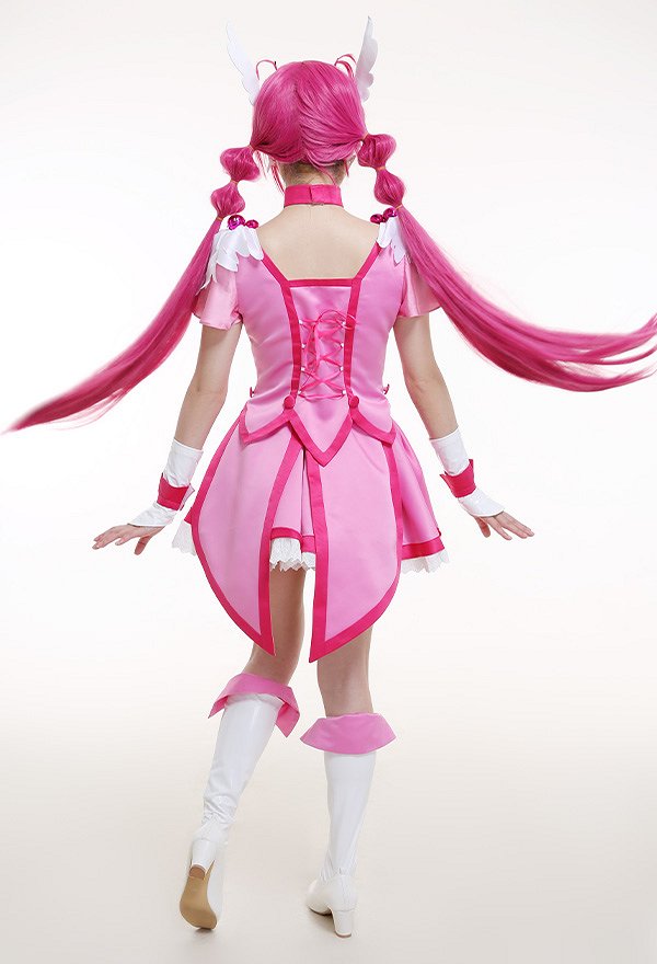 Smile Pretty Cure! Glitter Force Cure Happy Glitter Lucky Hoshizora Miyuki Pink Magenta Bow Top and Skirt Battlesuit Cosplay Costume Outfits with Waist Bag and Accessories
