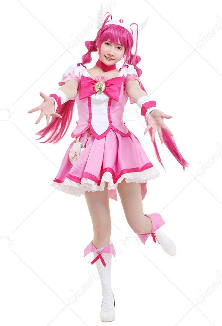 Smile Pretty Cure! Glitter Force Cure Happy Glitter Lucky Hoshizora Miyuki Pink Magenta Bow Top and Skirt Battlesuit Cosplay Costume Outfits with Waist Bag and Accessories