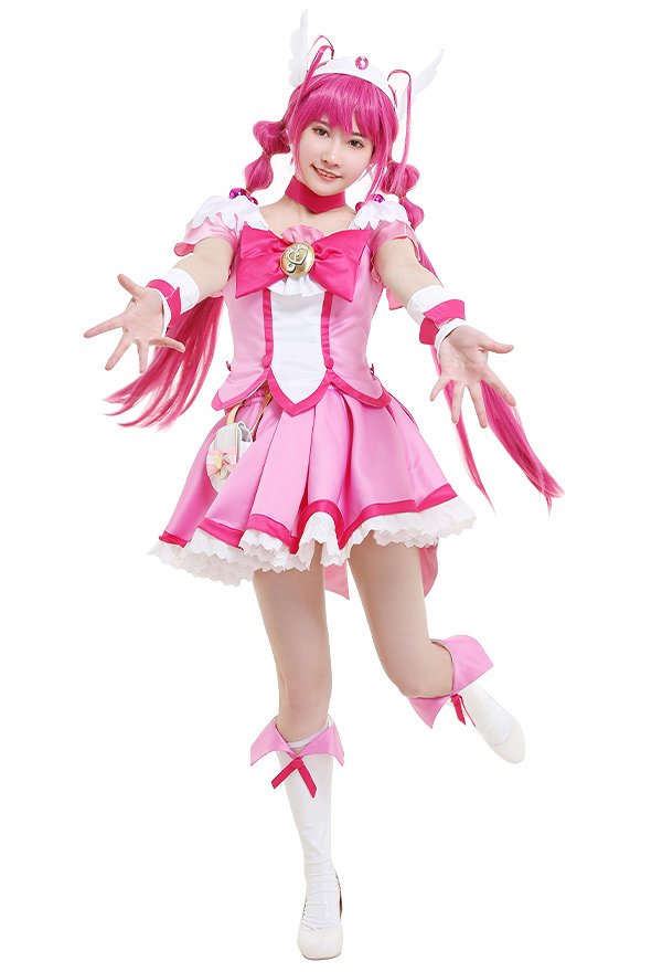 Smile Pretty Cure! Glitter Force Cure Happy Glitter Lucky Hoshizora Miyuki Pink Magenta Bow Top and Skirt Battlesuit Cosplay Costume Outfits with Waist Bag and Accessories